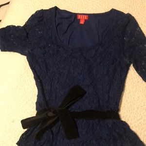 navy lace peplum top with black velvet belt